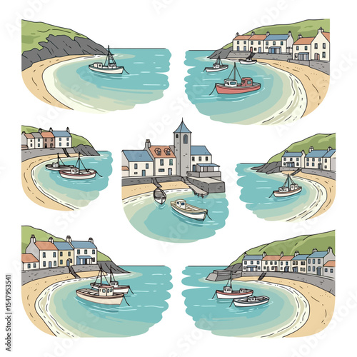 Coastal scenes with boats and waterfront buildings