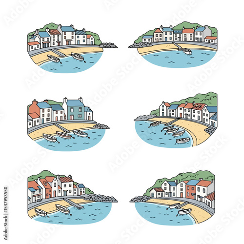 Coastal village scene with boats and buildings