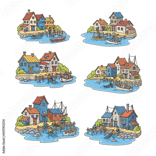 Coastal village fishing scene set illustration