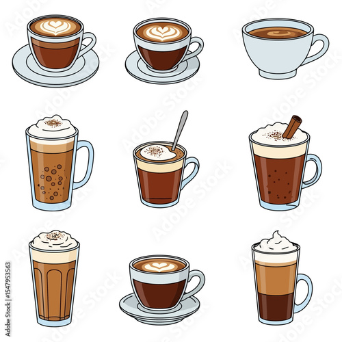 Coffee drinks cups various types collection