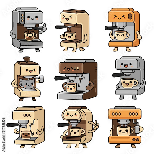 Coffee machines characters drinks cafe beverage art