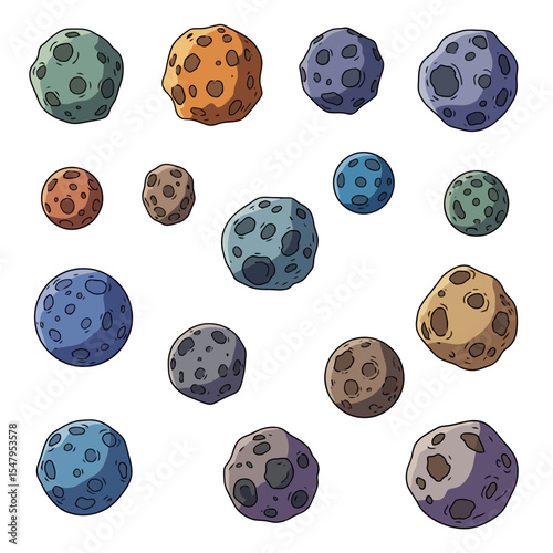 Collection of colorful asteroid or moon set