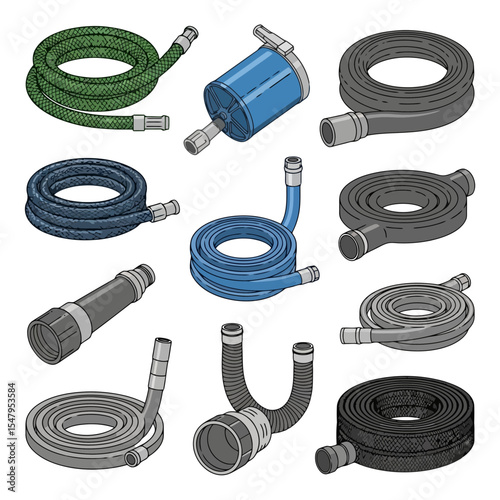 Collection of colorful garden hoses and pump