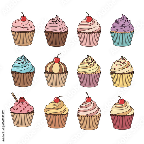 Collection of delicious cupcakes with colorful frosting