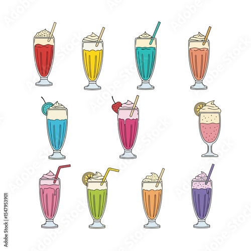 Colorful milkshake dessert drinks isolated