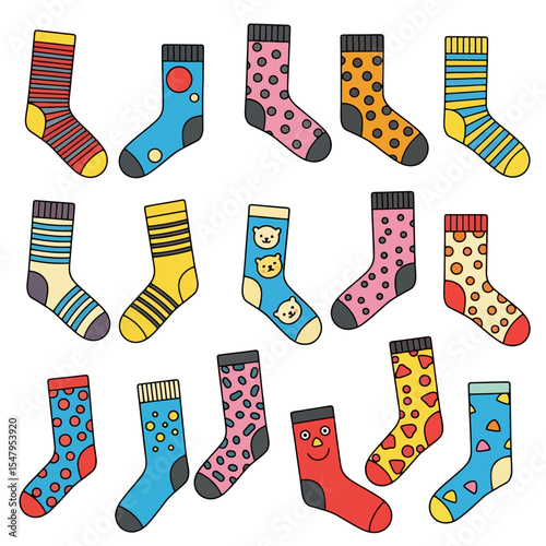 Colorful socks assortment, different patterns clothing