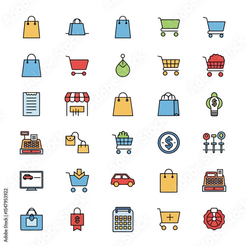 Colorful shopping icons set for business theme