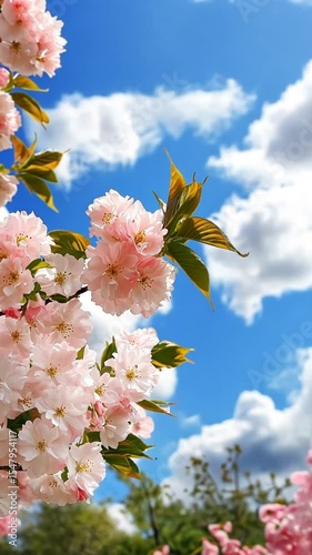 Beautiful Cherry Blossom Trees Blooming Under a Bright Blue Sky in Spring