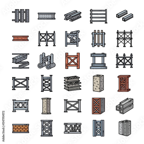 Construction scaffolds, building material icons set