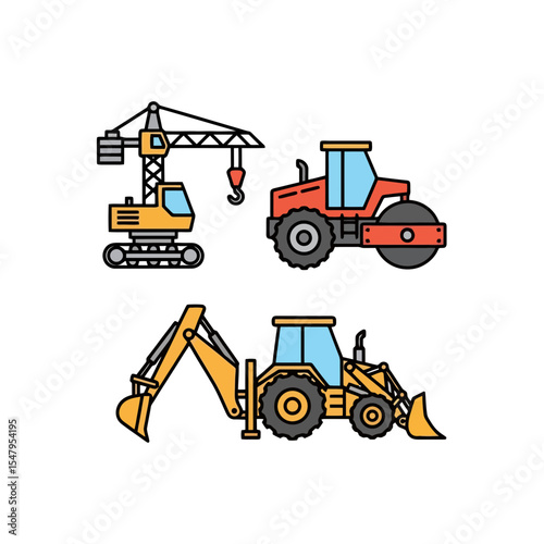 Construction vehicles crane roller and backhoe loader