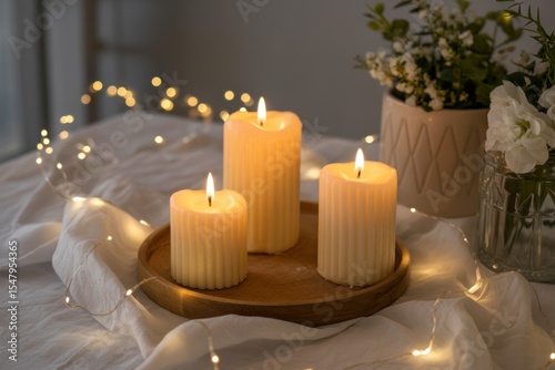 Three Cream Colored Candles Lit with Fairy Lights on Wooden Tray