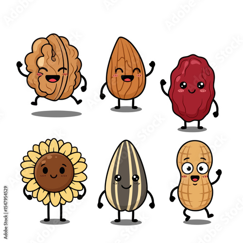 Cute nuts and seed cartoon characters set