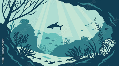 Serene Underwater Scene Shark Coral Reef Design Perfect for Branding and Logos