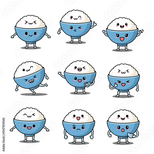Cute rice bowl food character expressions