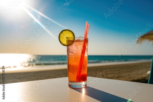 Tropical Summer Cocktail on Beach Table Sunset View