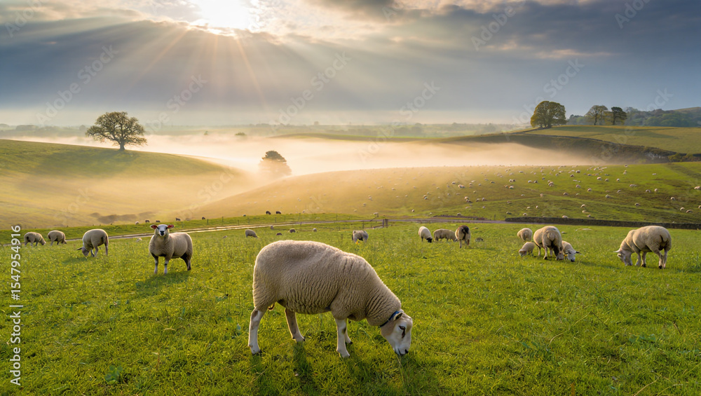 Fototapeta premium Sunrise over Misty Pasture with Grazing Sheep
