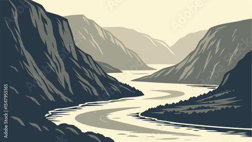 Serene River Valley Landscape Design Graphic for Branding and Logos