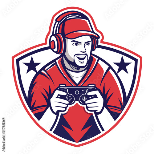 Gamer in a red uniform holding a controller