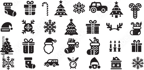 Christmas icon set, black holidays vector symbol collection