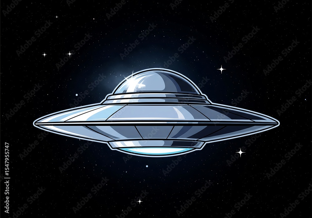 Obraz premium UFO. Unidentified flying object. Futuristic UFO on the background of outer space stars. Realistic vector illustration. International ufo day