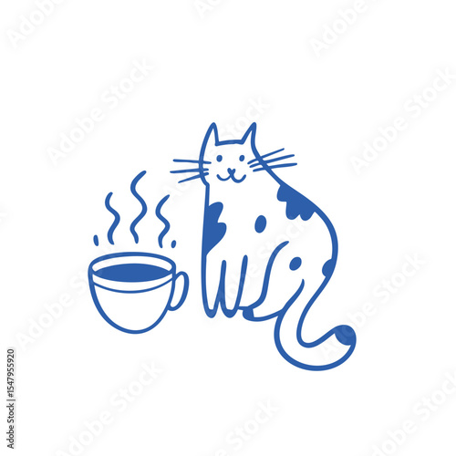 Adorable illustration of a cute, cartoon cat joyfully enjoying a cozy cup of coffee