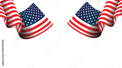 Two American flags waving elegantly, creating a patriotic border, perfect for Independence Day or Memorial Day designs.