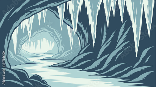Serene Ice Cave Landscape Design featuring a tranquil waterway and stunning icicles ideal for branding and logo creation