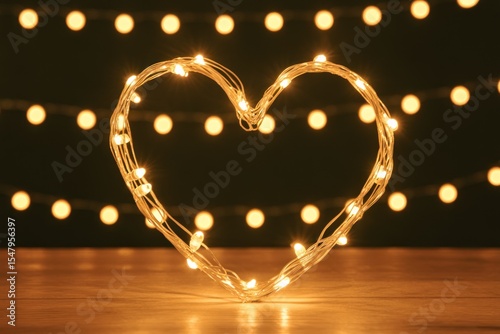 Warm White Fairy Lights Forming Heart Shape on Wooden Surface with Bokeh Background