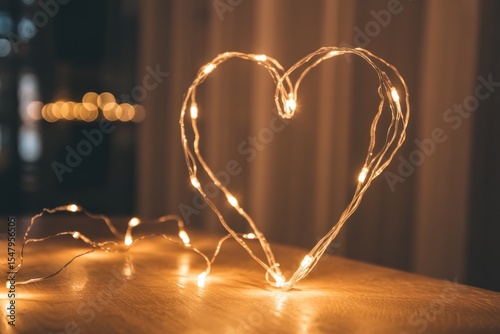 Warm White Fairy Lights Forming Heart Shape on Wooden Table