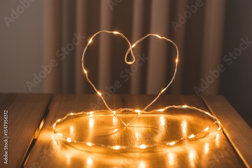 Warm White Fairy Lights Forming Heart Shape on Wooden Table 1