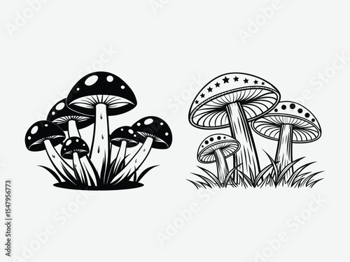 Set of black and white mushroom illustrations isolated on white background.