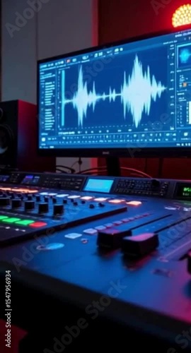Professional audio mixing console and monitor displaying audio waveforms in a recording studio environment generative AI