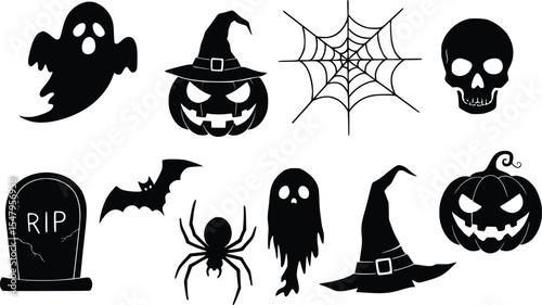 Spooky Halloween Icon Set Ghosts, Pumpkins, Witch Hats, Skull, and Spider Silhouettes