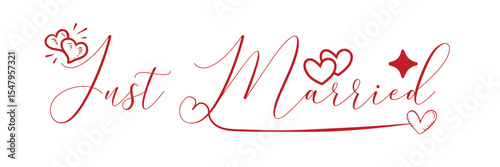 Just Married hand lettering phrase. Vector brush calligraphy text design isolated on white background. Eps 10.