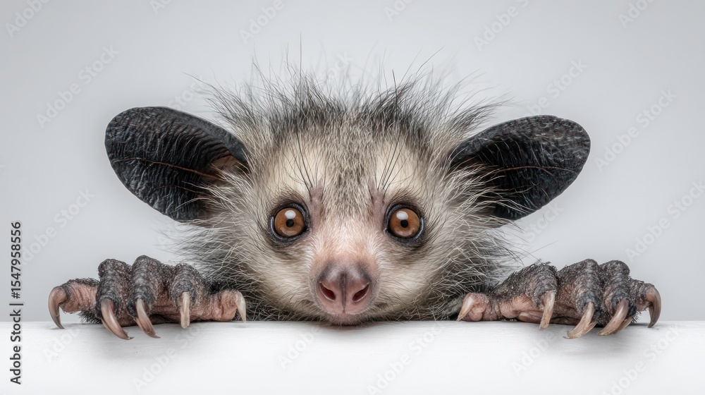 Fototapeta premium Close-up of a baby aye-aye peering over a surface