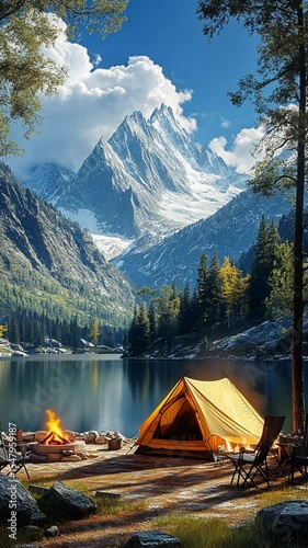 Serene Mountain Camping Scene with Tent and Fire by a Lake Under Snow-Capped Peaks