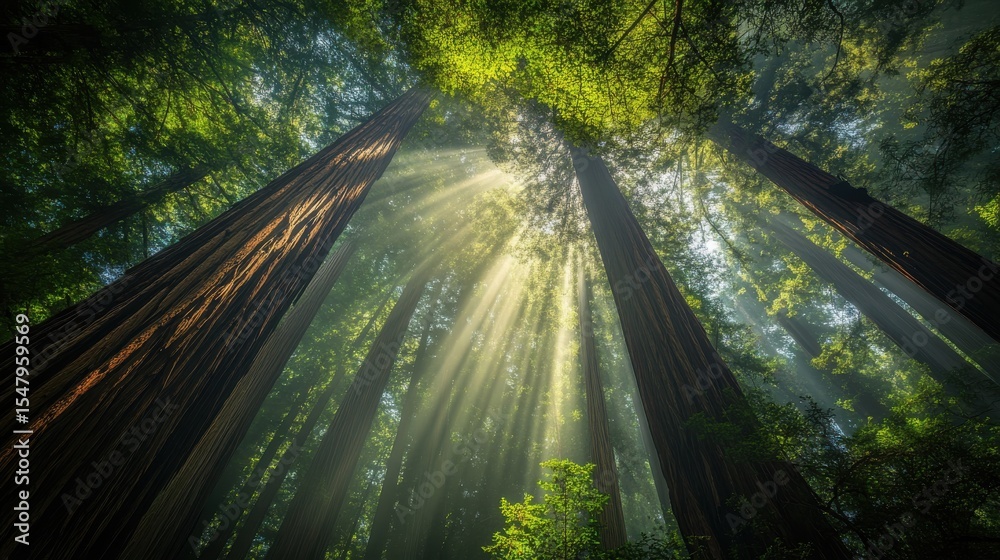 Obraz premium Majestic Sequoia Trees with Sunlight Beaming Through Leaves