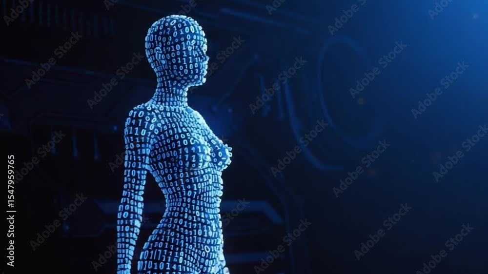 Digital Avatar in Blue: A futuristic digital avatar stands as a symbol of technological advancement, rendered in vibrant blue hues against a futuristic backdrop.