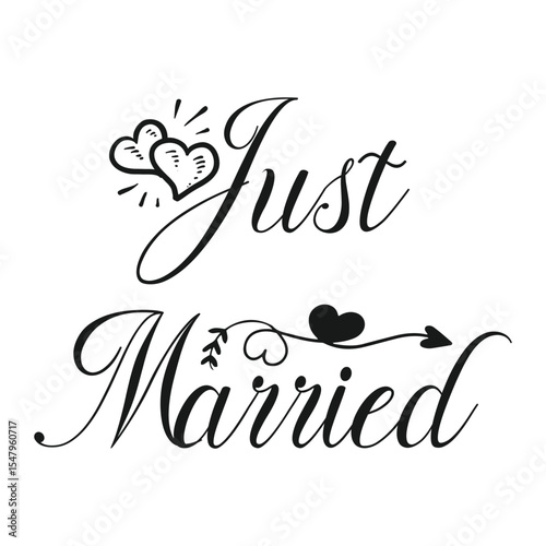 Just Married hand lettering phrase. Vector brush calligraphy text design isolated on white background. Eps 10.