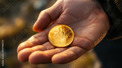 An open hand displaying a shiny gold coin under soft light