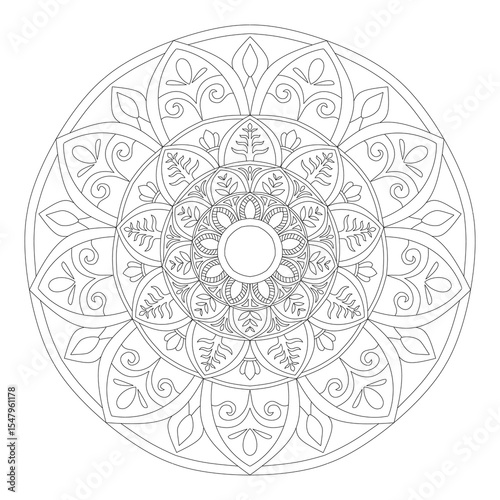 Detailed Mandala Coloring Page - Intricate Mandala Design with Leaf Patterns - Adult Mandala Art Book Page for Relaxation and Mindful Coloring Practice