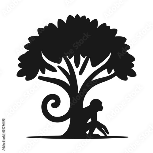 Design a clever minimalist logo using negative space to reveal a monkey within a tree – black and white theme