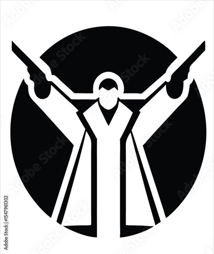 Gangster with Tommy Gun Silhouette – dynamic black and white vector, iconic weapon outline, stark clean lines, sharp suit folds, minimalist menace, monomorphic vintage crime theme.