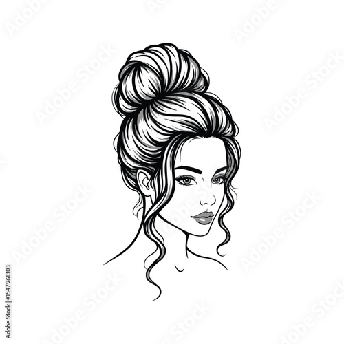 Elegant Woman with Messy Bun Hairstyle – Black and White Line Art Portrait Illustration