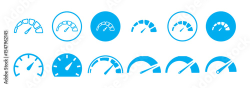Blue Speedometer and Gauge Icon Set. Vector Dashboard Symbols. Victor illustration eps 10