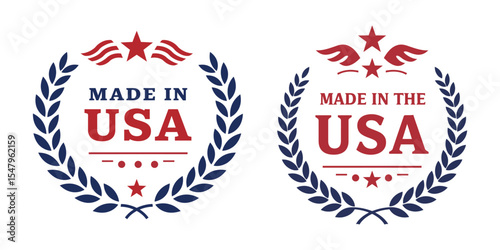 Made in USA Badge Set with Laurel Wreaths, Stars, and Patriotic Elements in Red and Blue