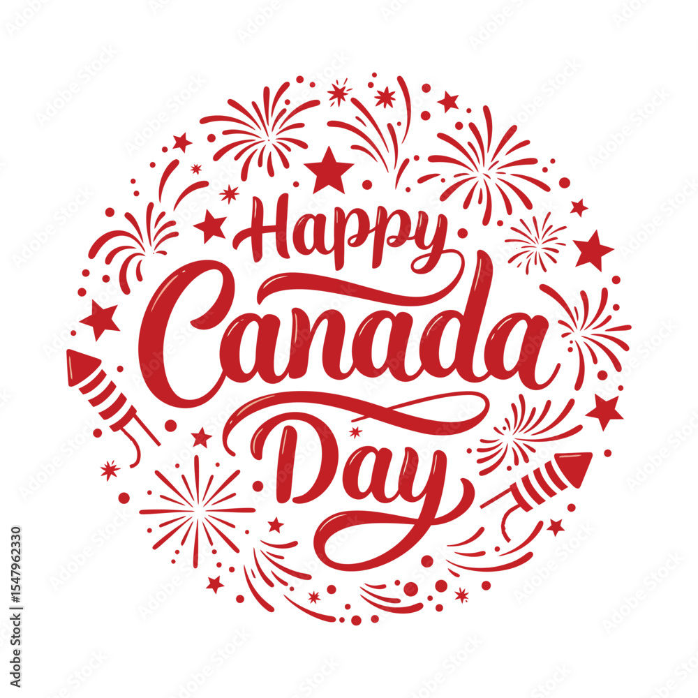 Fototapeta premium Happy Canada Day Typography with Fireworks and Stars in Circular Red Illustration on White Background