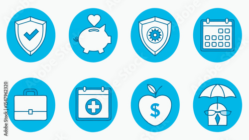 Business insurance and finance services outline icons in blue circular background