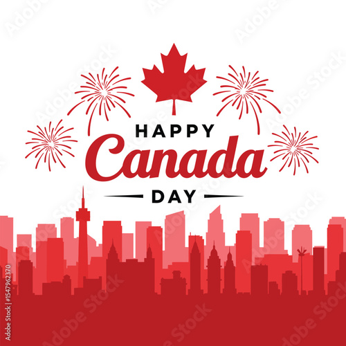 Happy Canada Day Celebration with Fireworks and Toronto Skyline Silhouette