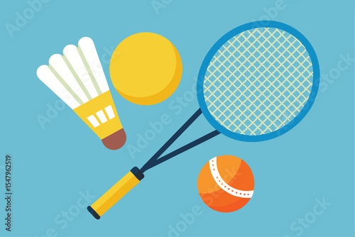 Badminton racket shuttlecock tennis ball and ping pong ball illustration